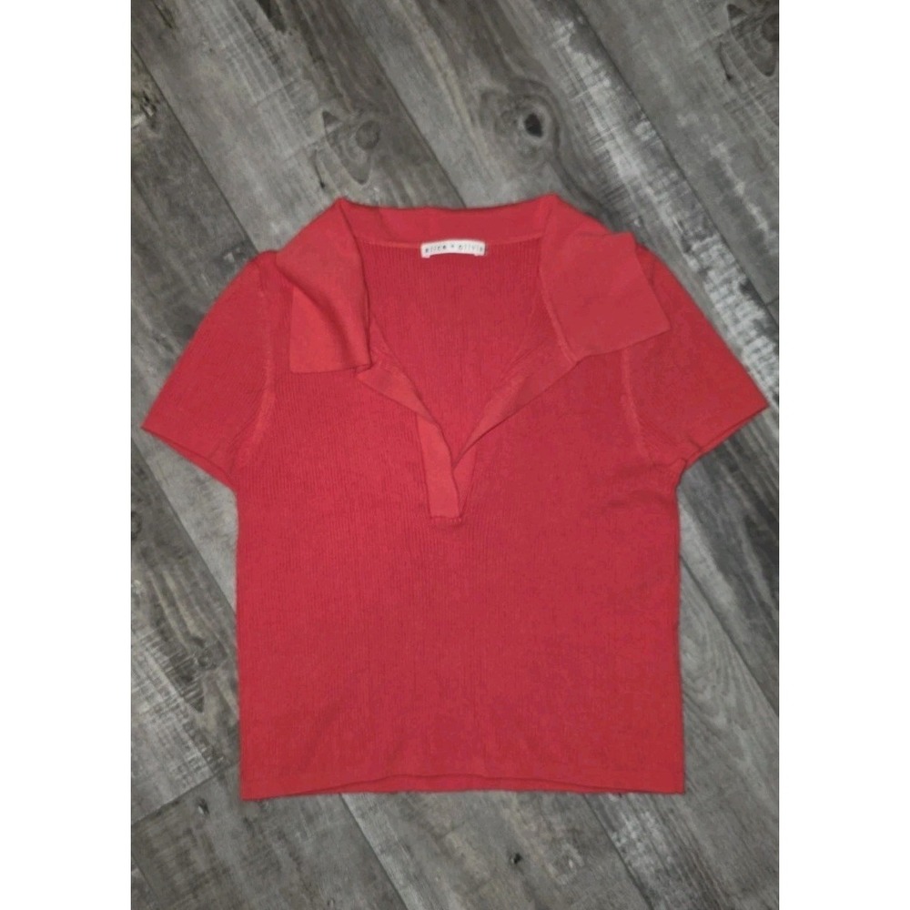 Alice + Olivia Daralee Red Ribbed Fitted Polo Pullover Sweater Sz S MSRP $265